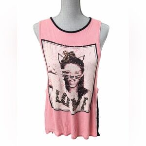 Davida Y2K Studded LOVE Graphic Mesh Layered Tank Top Pink Black Size S